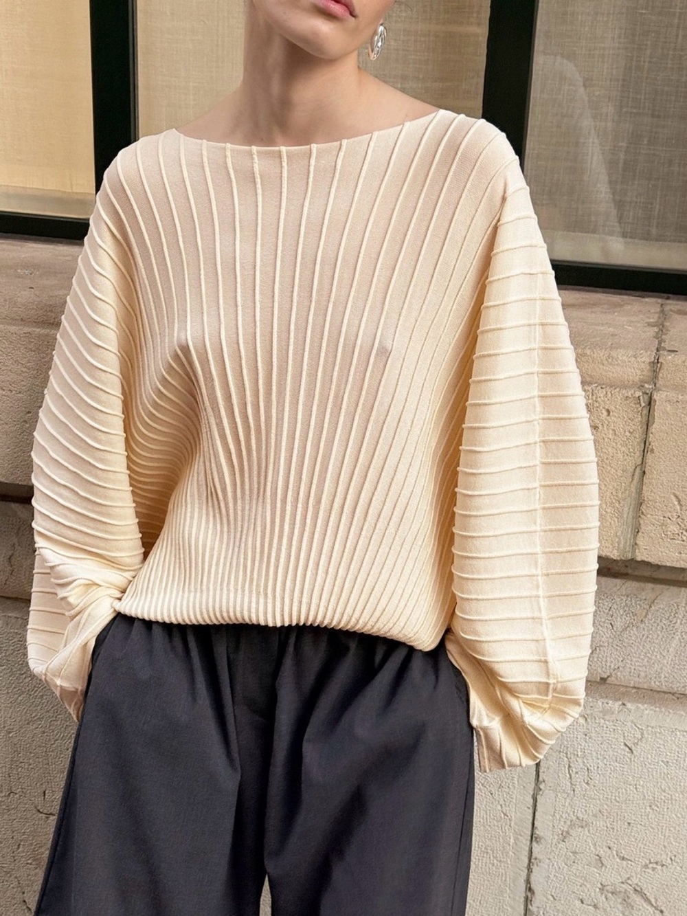 NA-KD Off White Ribbed Cape Top Boat Neck Knit NWT Size S Sold Out Online